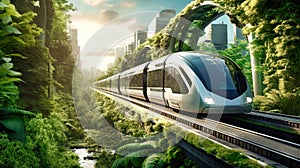 Futuristic city with densely planted trees and greenery, ecological future cityscape with electric transport, electric city train