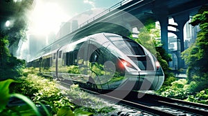 Futuristic city with densely planted trees and greenery, ecological future cityscape with electric transport, electric city train