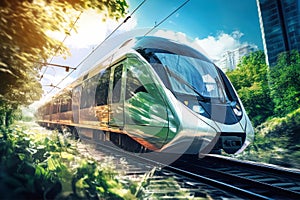 Futuristic city with densely planted trees and greenery, ecological future cityscape with electric transport, electric city train