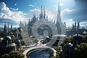 Futuristic city downtown. Fantasy city skyline on an alien planet. by generative Ai