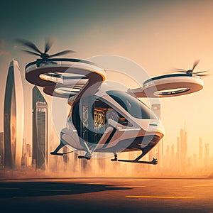 In a futuristic city, the future of urban air mobility includes city air taxis, public aerial transportation. AI