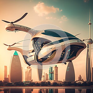 In a futuristic city, the future of urban air mobility includes city air taxis, public aerial transportation. AI