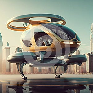 In a futuristic city, the future of urban air mobility includes city air taxis, public aerial transportation. AI