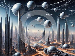 Futuristic City With Futuristic Buildings And Planets. Generative AI