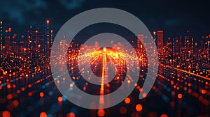 Futuristic city glowing road, night, data streams, digital technology