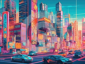 Futuristic city with holographic billboards and selfdriving car