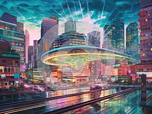 Futuristic city with holographic billboards and selfdriving car