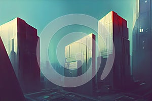 futuristic city illustration with skyscrappers, art, ai generated image photo