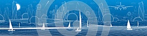 Futuristic City infrastructure panoramic illustration. Airplane fly. Night town at background. Sailing yachts on water. White line