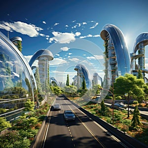 Futuristic city with innovative structures surrounded by nature