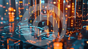 Futuristic Digital Interface with Glowing Orange Circuits and Data Streams