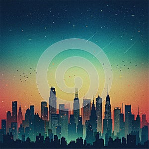 Futuristic city with lots of tall buildings with grainy gradient background vector