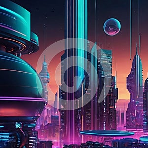 Futuristic city with many buildings in a colorful electronic planet. AI Generative photo