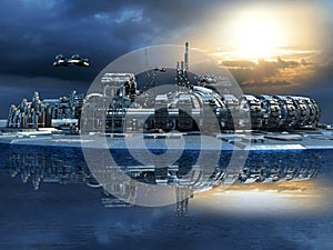 Futuristic city with marina and hoovering aircrafts