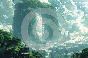 Futuristic city merging with a mountainous landscape amidst clouds., Generated AI