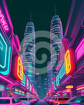 Futuristic City Neon Light, View from below, with High Buildings, Skyscrapers at Night Landscape Illustration Image Generative AI