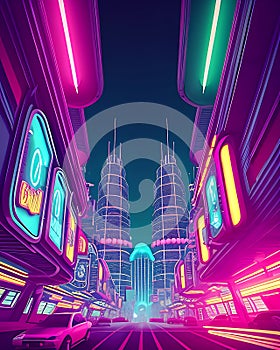 Futuristic City Neon Light, View from below, with High Buildings, Skyscrapers at Night Landscape Illustration Image Generative AI