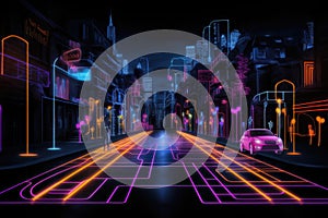 Futuristic city with neon lights and road, 3d rendering, Neon color roadmap, street, dark background with goals, AI Generated