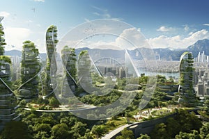 Futuristic City Nestled Among Lush Trees and Majestic Mountains