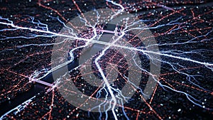 Futuristic city network visualization with glowing lights and data streams