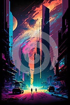 Futuristic city at night. Futuristic cityscape. Vector illustration.