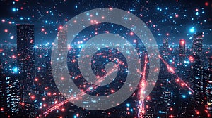 Futuristic city at night, illuminated by glowing particles