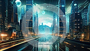 Futuristic city at night with light trails. 3d rendering, AI Generated