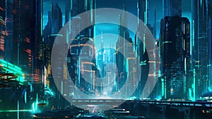 Futuristic city at night with neon lights. 3d rendering