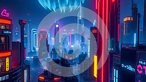 Futuristic city at night with neon lights, 3d rendering