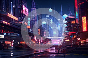 Futuristic city at night with neon lights. 3D rendering, AI Generated