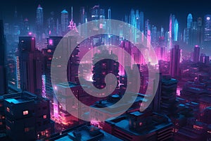 Futuristic city at night with neon lights. 3D rendering blue and purple