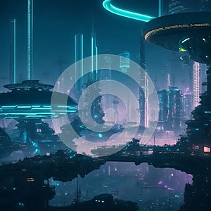 Futuristic city at night with neon lights. 3d rendering