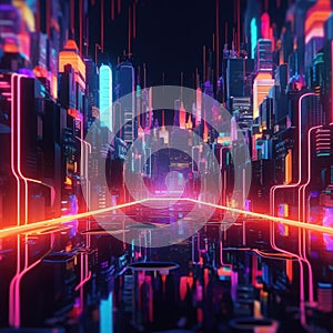 A futuristic city at night with neon lights. Generative AI image.