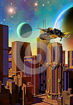 Futuristic city in the night, spaceship flying in the sky, alien planetary system, 3d illustration