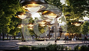 Futuristic city park with modern architecture and people walking around