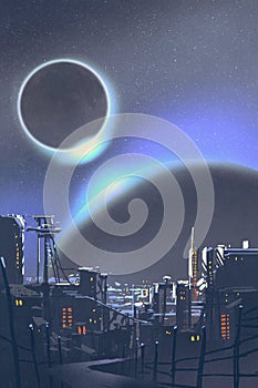 The futuristic city with planets and solar eclipse on background photo