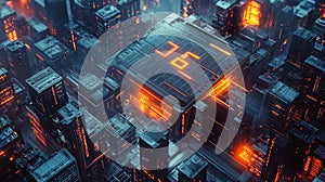 Futuristic city processing data with central processor unit