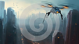 A futuristic city with robotic dragonfly drones