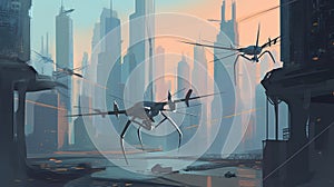 A futuristic city with robotic dragonfly drones