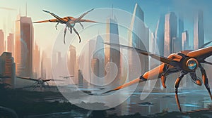 A futuristic city with robotic dragonfly drones