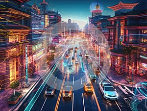 Futuristic city with selfdriving cars and AI services