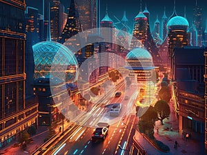 Futuristic city with selfdriving cars and AI services