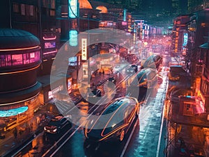 Futuristic city with selfdriving cars and AI services