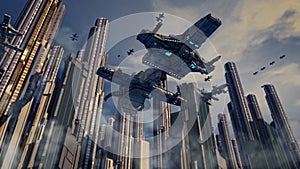 Futuristic city and ships