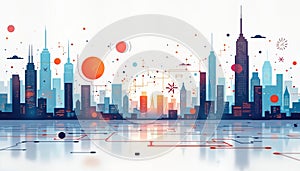 Futuristic city skyline with abstract tech elements. Global communication, data analysis concept. Digital network connecting