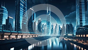 Futuristic City Skyline Along Reflective Waterway photo
