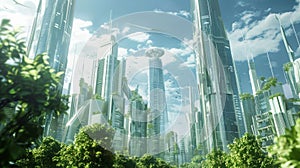 A futuristic city skyline boasts sleek towering buildings that are powered entirely by biofuel. With a focus on photo