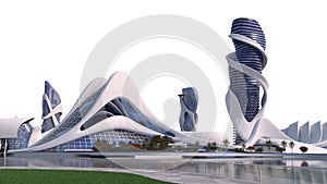 Futuristic city skyline with clipping path