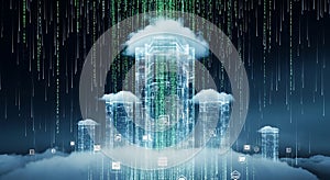 Abstract Cloud Computing Data Center Cityscape with Digital Rain