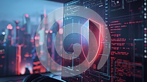 Futuristic city skyline with cybersecurity shield hologram in a digital interface